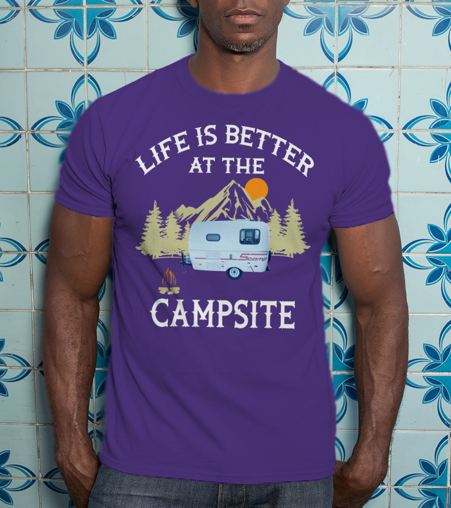 Life Is Better At The Campsite Scamp Small Travel Trailers Mountain Sunset T-Shirt