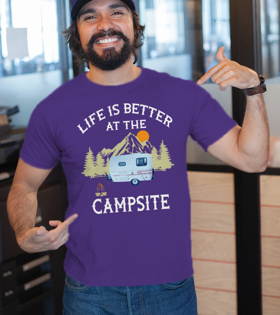 Life Is Better At The Campsite Scamp Small Travel Trailers Mountain Sunset T-Shirt