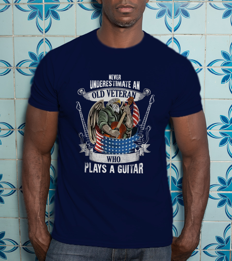 Never Underestimate An Old Veteran Who Plays A Guitar Eagle USA Flag T-Shirt