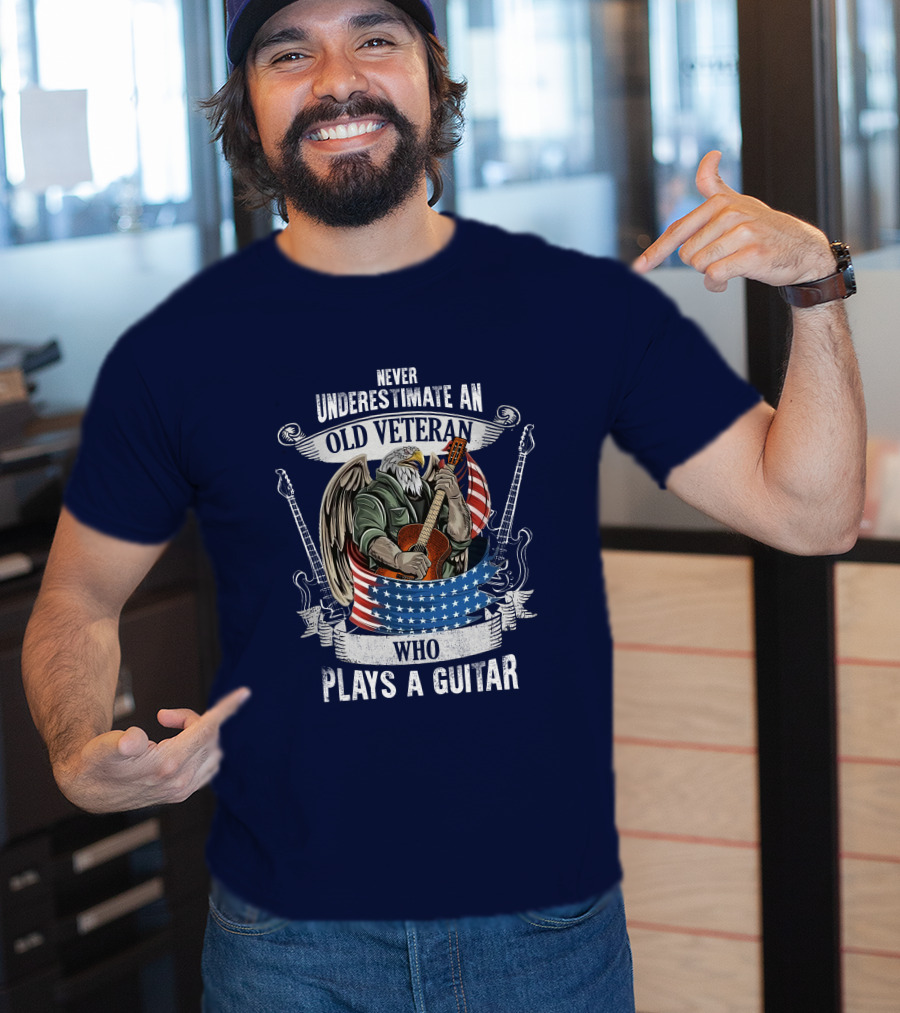 Never Underestimate An Old Veteran Who Plays A Guitar Eagle USA Flag T-Shirt