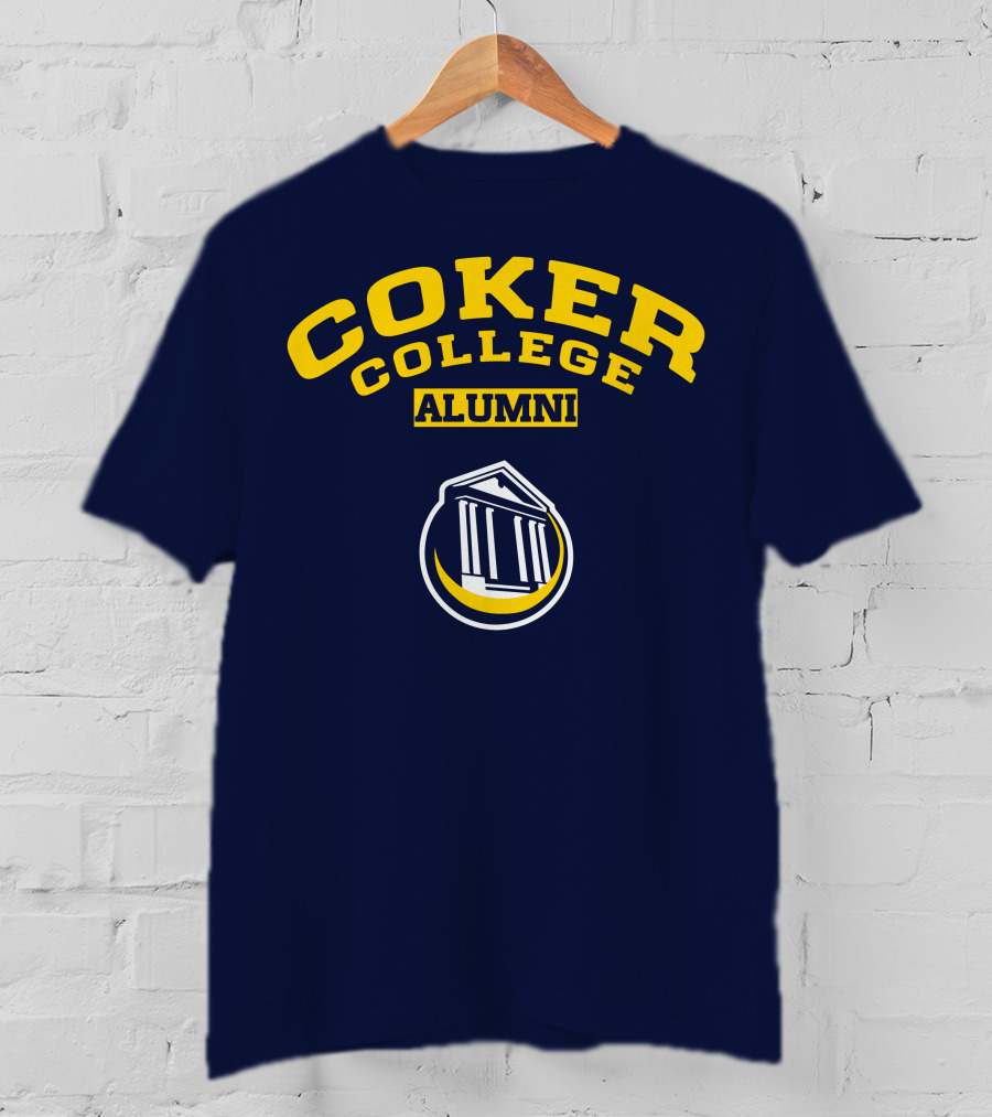 Coker College Alumni Yellow And Navy Blue Text With Greek Temple T-Shirt
