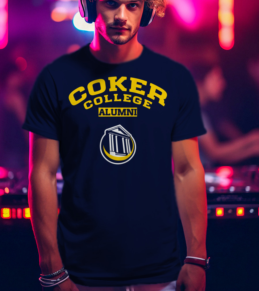 Coker College Alumni Yellow And Navy Blue Text With Greek Temple T-Shirt