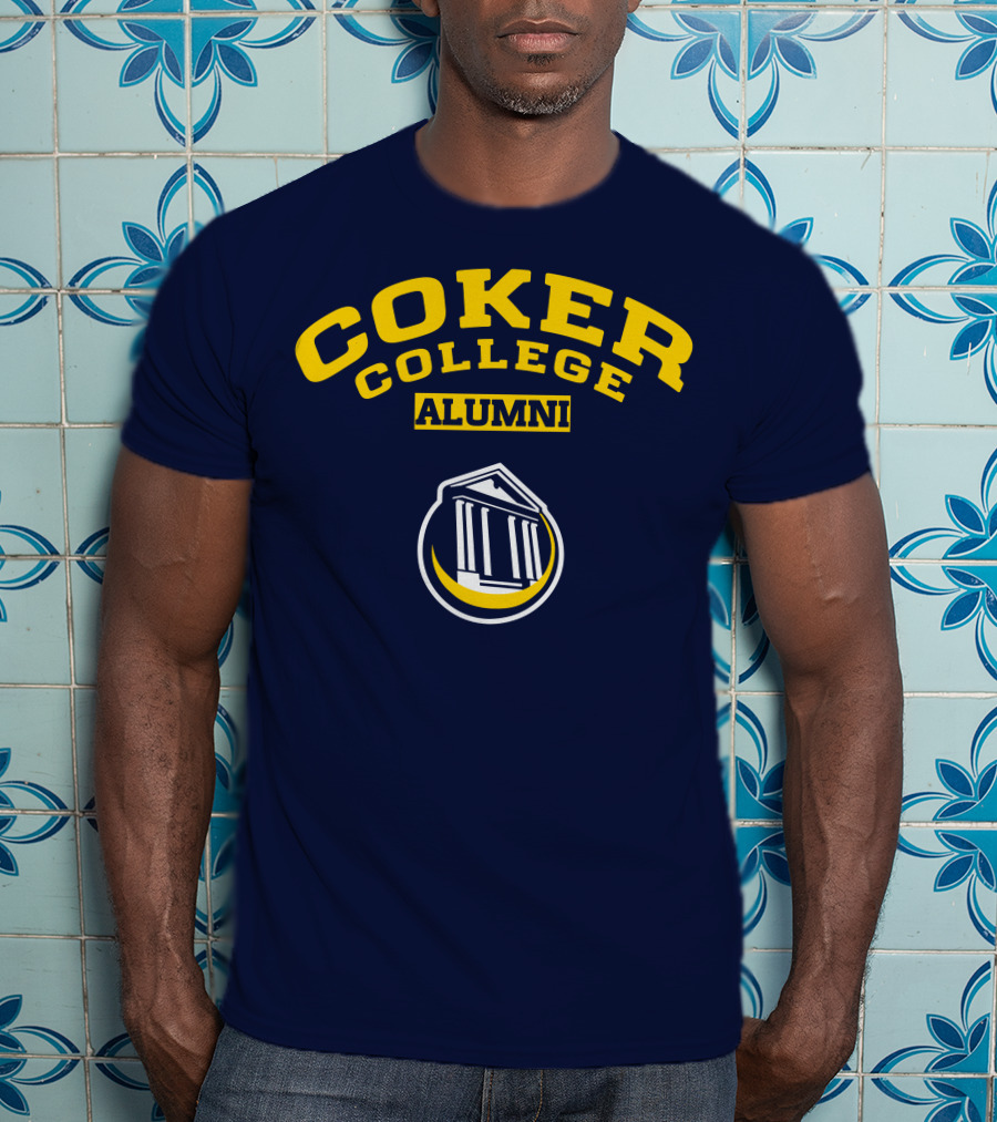 Coker College Alumni Yellow And Navy Blue Text With Greek Temple T-Shirt