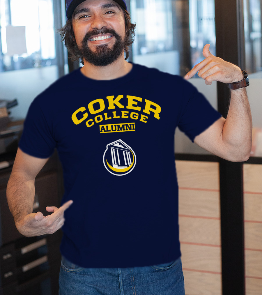 Coker College Alumni Yellow And Navy Blue Text With Greek Temple T-Shirt