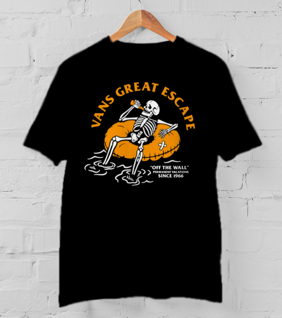 Vans Great Escape Off The Wall Permanent Vacations Since 1966 Skeleton On Inflatable Tube T-Shirt