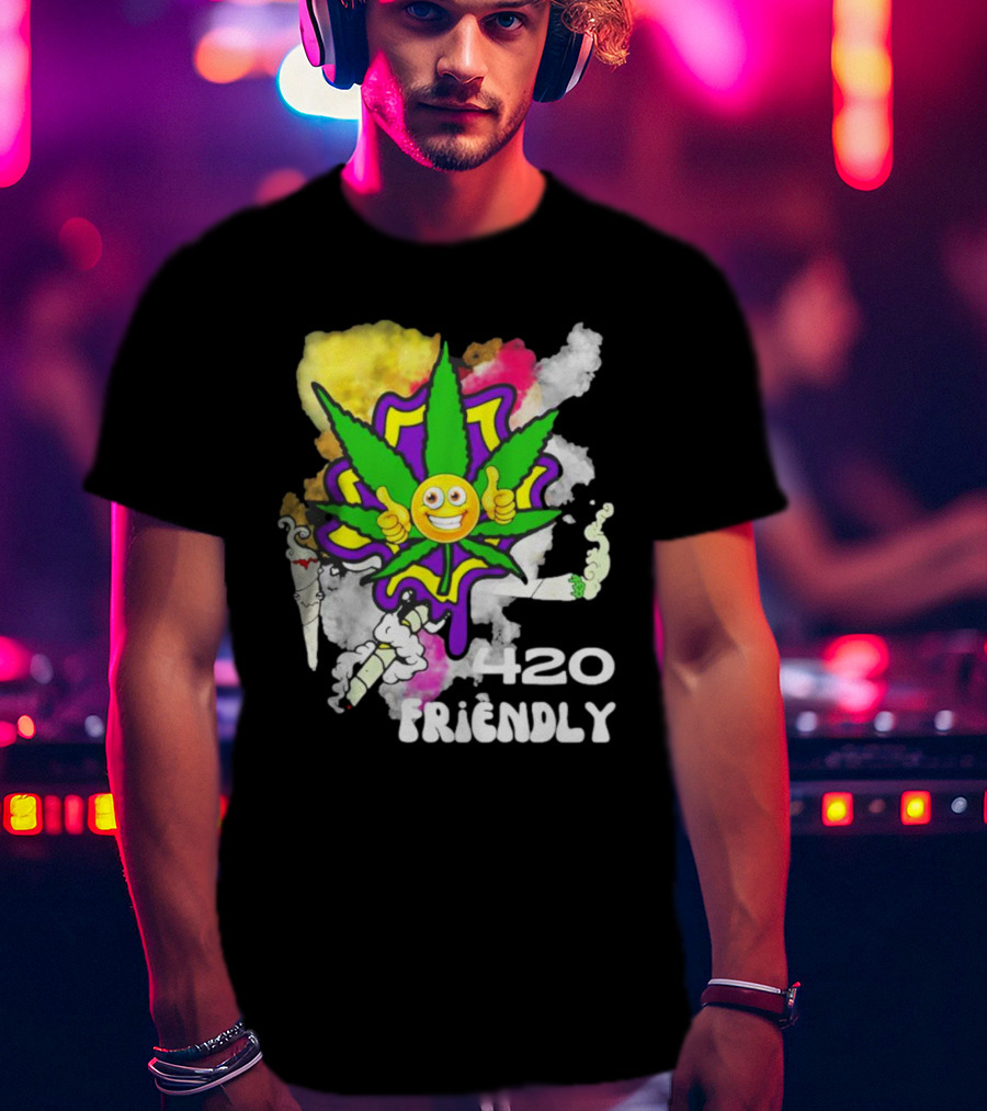 420 Friendly Happy Stoner Leaf With Smiley Face And Colorful Smoke T-Shirt