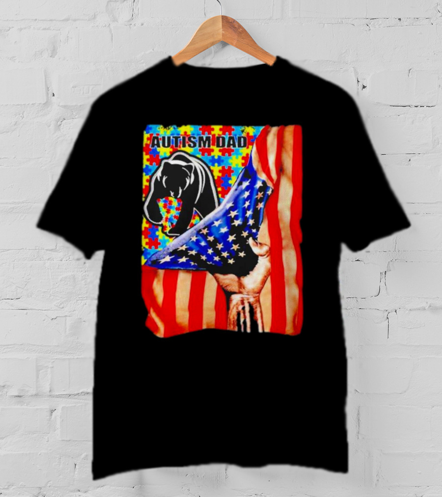 Autism Dad Bear USA Flag Puzzle Awareness T-Shirt