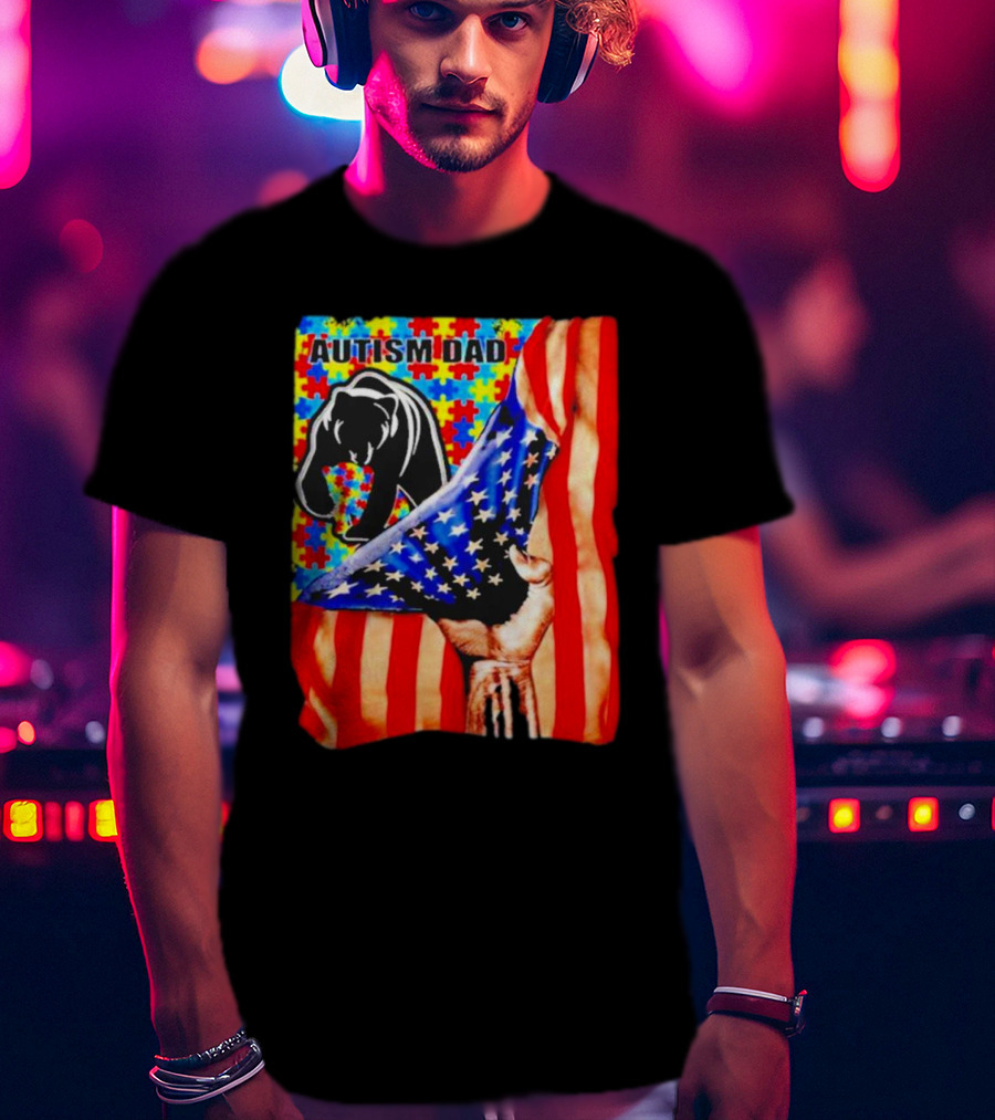 Autism Dad Bear USA Flag Puzzle Awareness T-Shirt