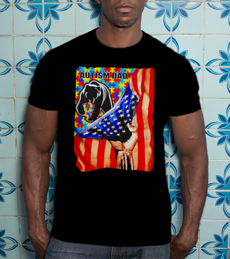 Autism Dad Bear USA Flag Puzzle Awareness T-Shirt