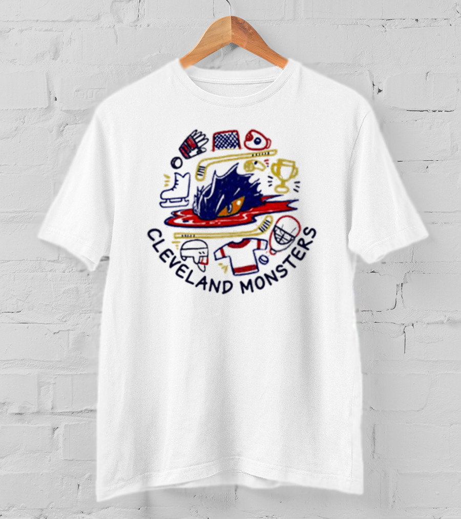 Cleveland Monsters Doodle Hockey Trophy Skates Helmet T-Shirt