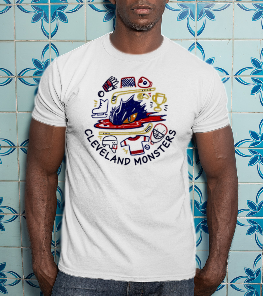 Cleveland Monsters Doodle Hockey Trophy Skates Helmet T-Shirt