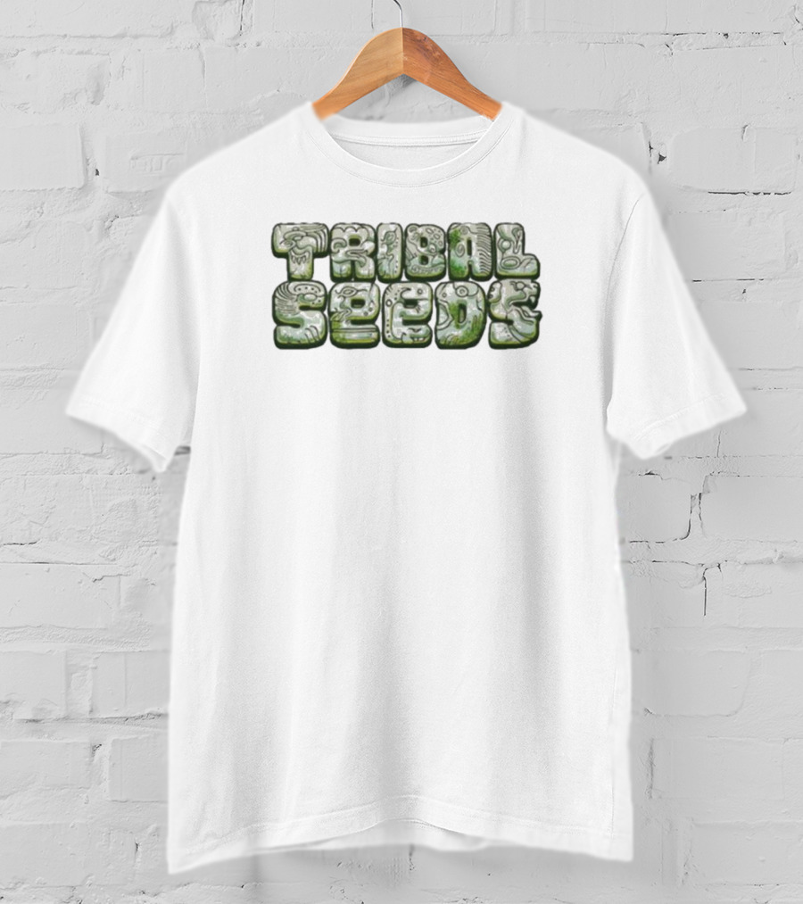 Green Tribal Seeds Cute Logo Textured Lettering T-Shirt