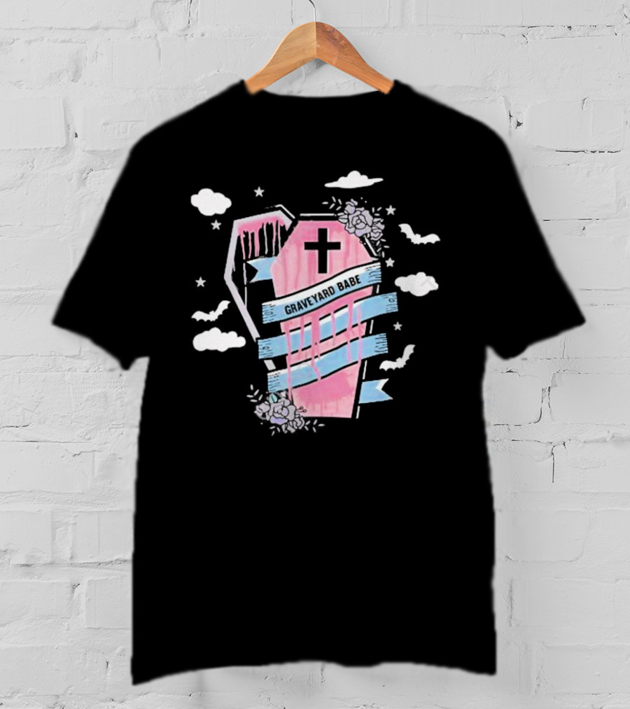 Graveyard Babe Pink Coffin With Cross And Bats T-Shirt