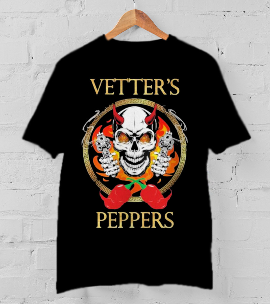 Vetter’s Peppers Skull With Red Horns And Dual Pistols Surrounded By Flames And Chili Peppers T-Shirt