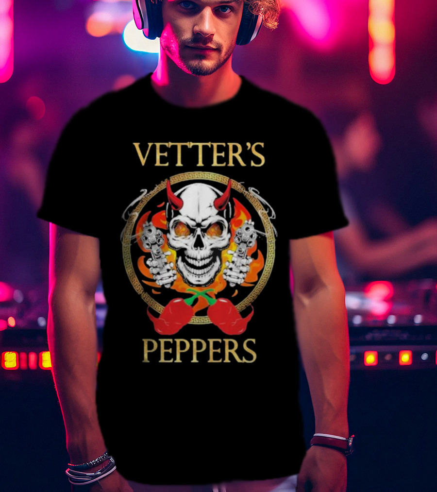 Vetter’s Peppers Skull With Red Horns And Dual Pistols Surrounded By Flames And Chili Peppers T-Shirt