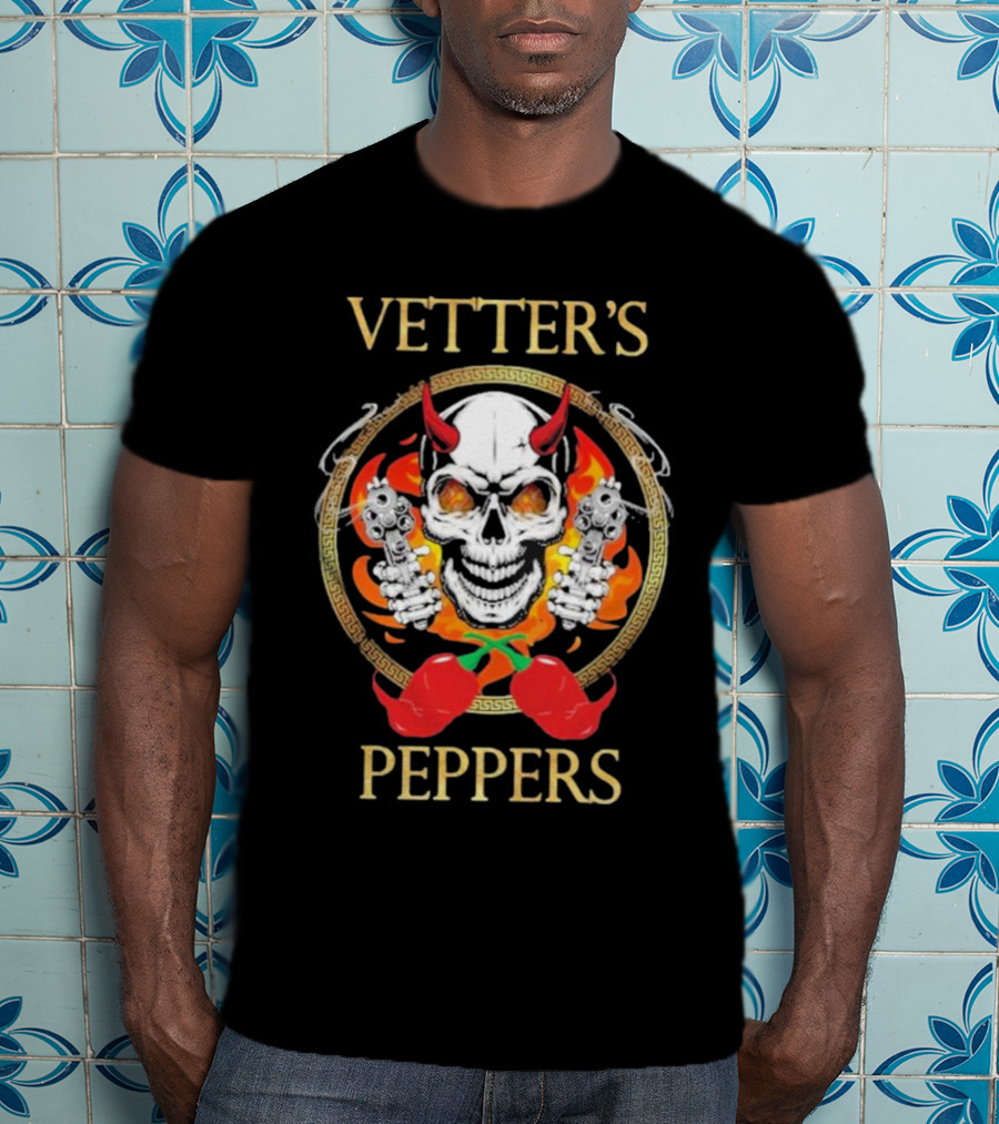 Vetter’s Peppers Skull With Red Horns And Dual Pistols Surrounded By Flames And Chili Peppers T-Shirt