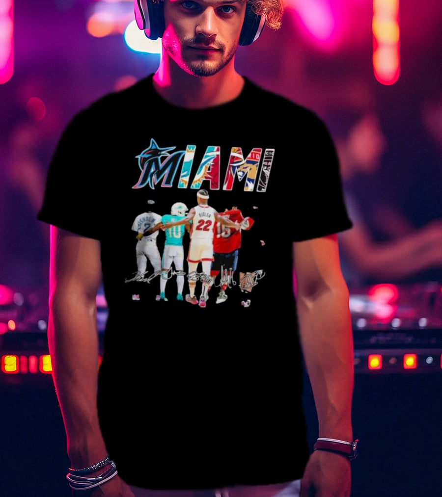 Miami Marlins Dolphins Heat Panthers Players Signatures T-Shirt