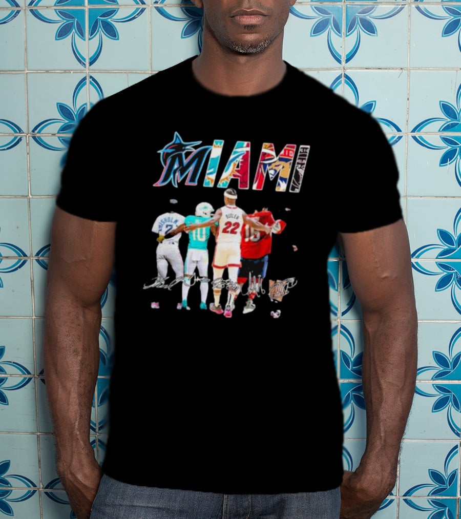 Miami Marlins Dolphins Heat Panthers Players Signatures T-Shirt