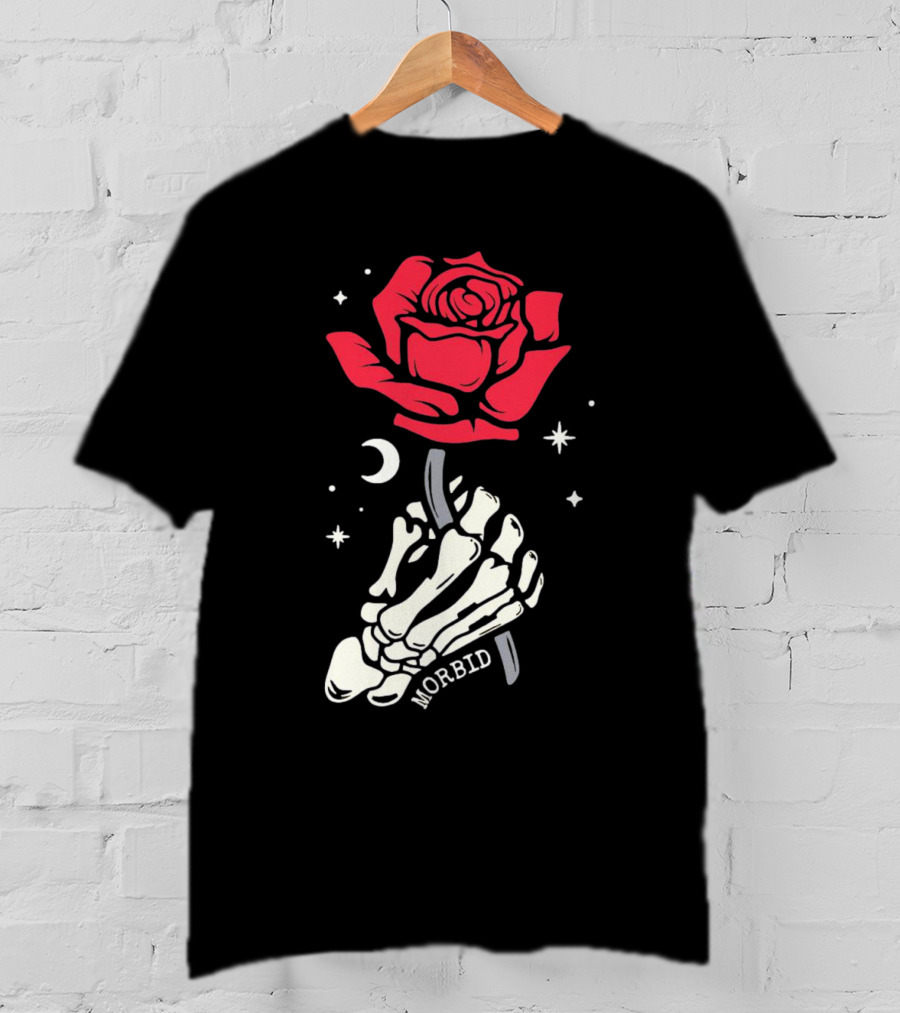 Morbid Skeleton Rose With Crescent Moon And Stars T-Shirt