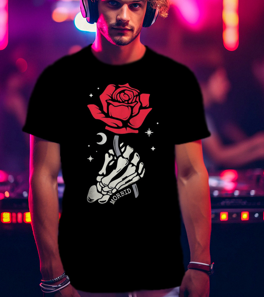 Morbid Skeleton Rose With Crescent Moon And Stars T-Shirt