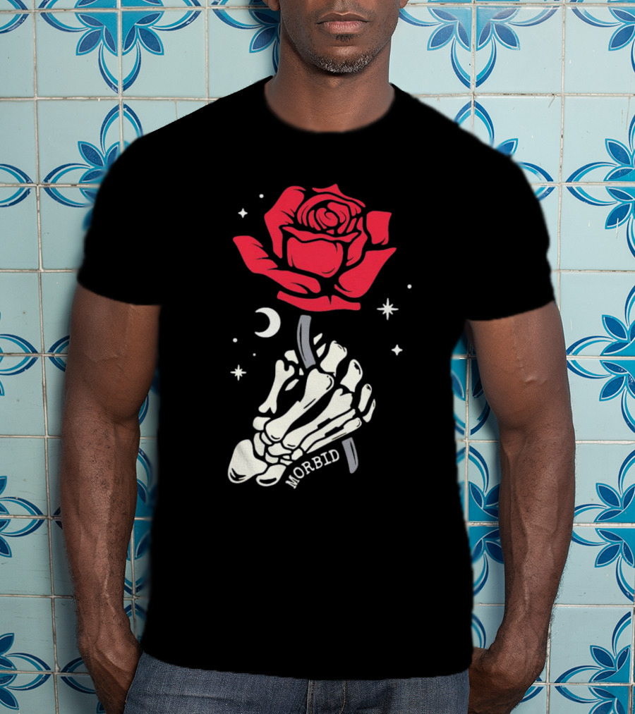 Morbid Skeleton Rose With Crescent Moon And Stars T-Shirt