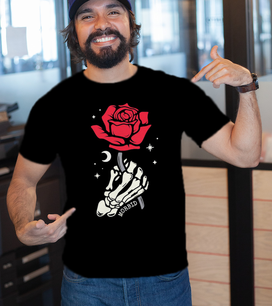 Morbid Skeleton Rose With Crescent Moon And Stars T-Shirt