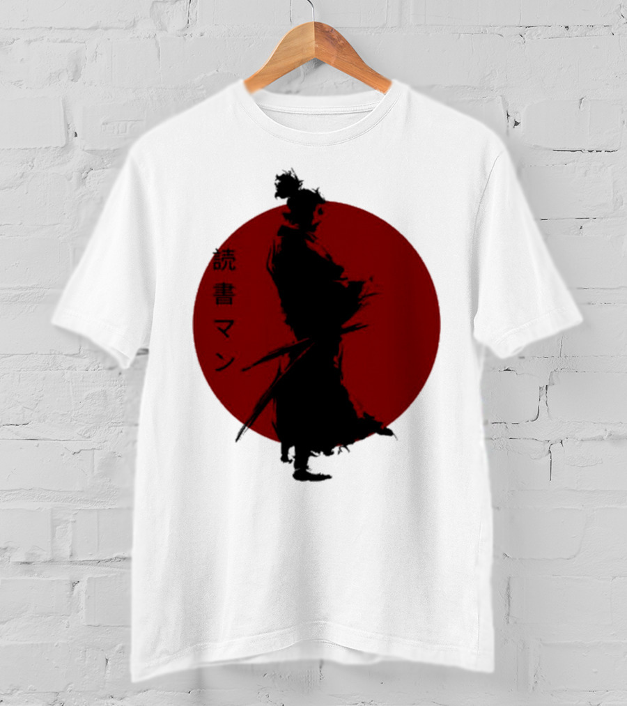 Miyamoto Musashi Samurai Silhouette Red Sun Kanji Reading Man T-Shirt