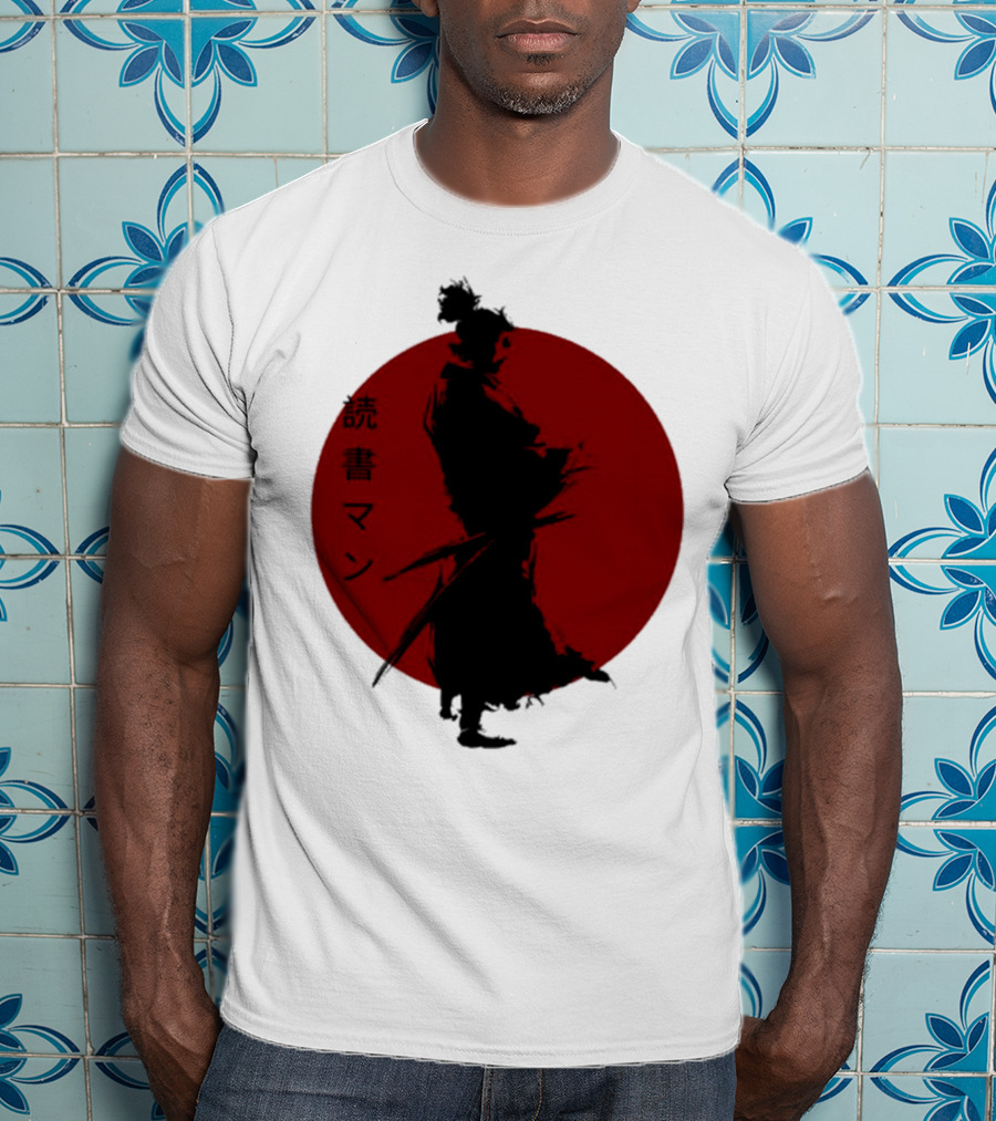 Miyamoto Musashi Samurai Silhouette Red Sun Kanji Reading Man T-Shirt