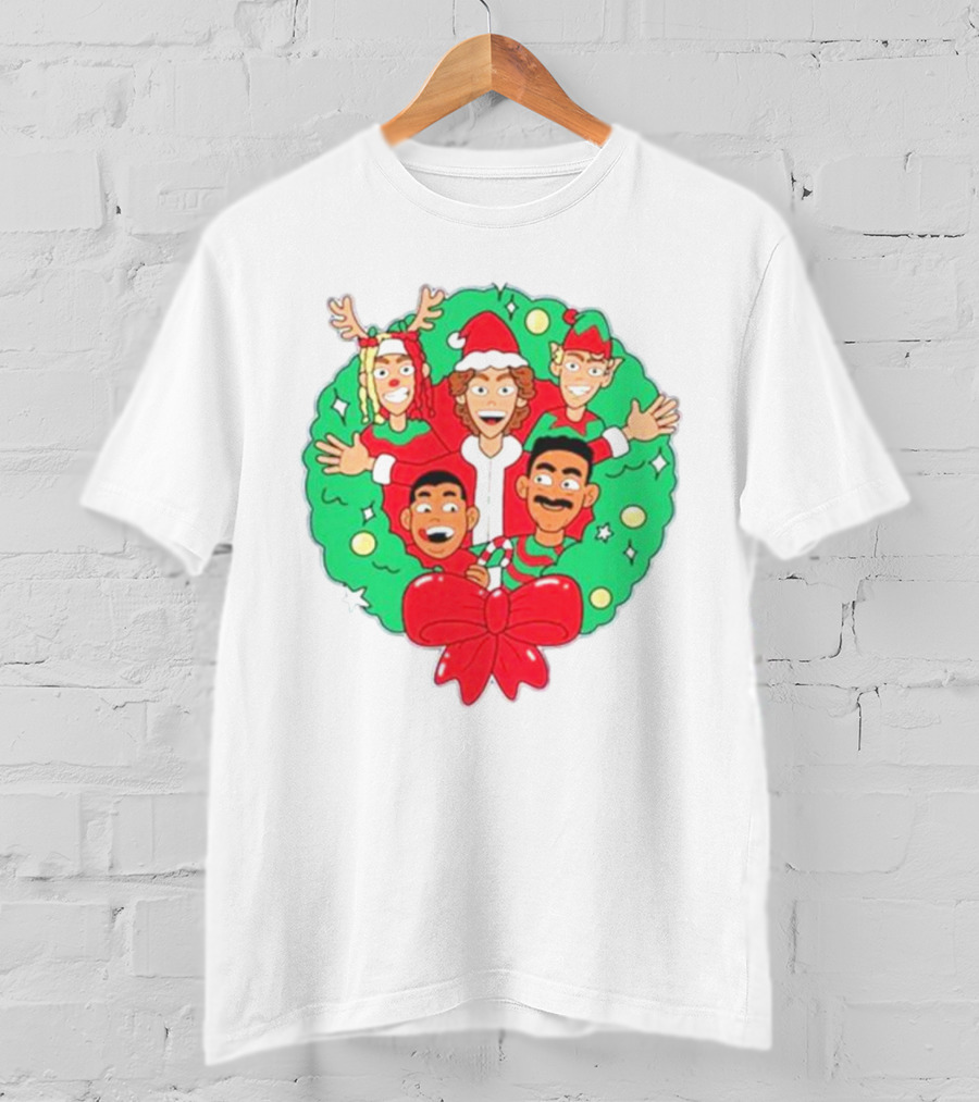 Baylen Levine Christmas Cartoon Characters In Holiday Wreath With Bow And Santa Hat T-Shirt