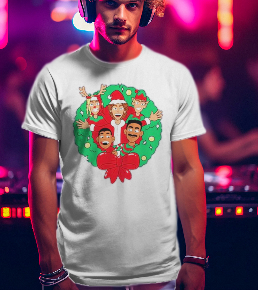 Baylen Levine Christmas Cartoon Characters In Holiday Wreath With Bow And Santa Hat T-Shirt