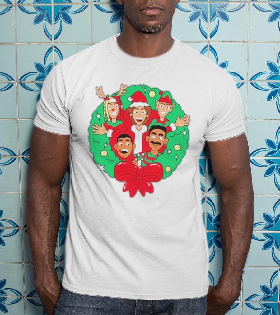 Baylen Levine Christmas Cartoon Characters In Holiday Wreath With Bow And Santa Hat T-Shirt
