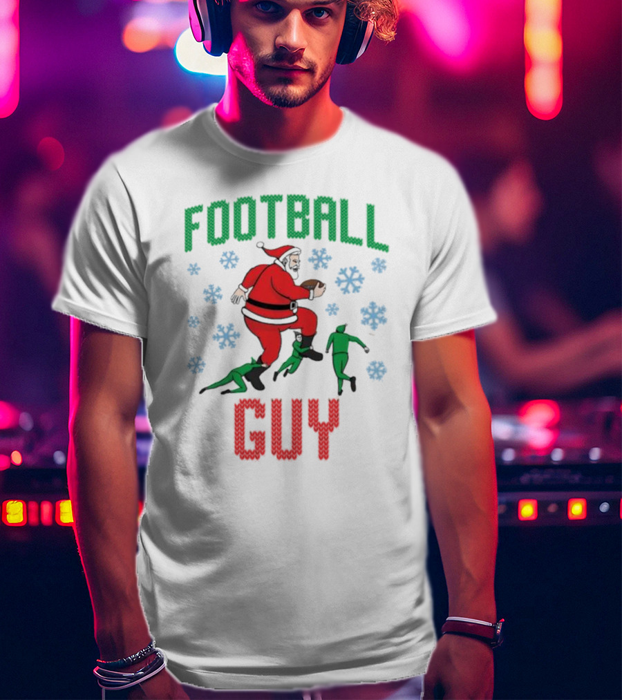 FOOTBALL GUY Santa Running With Football And Snowflakes T-Shirt