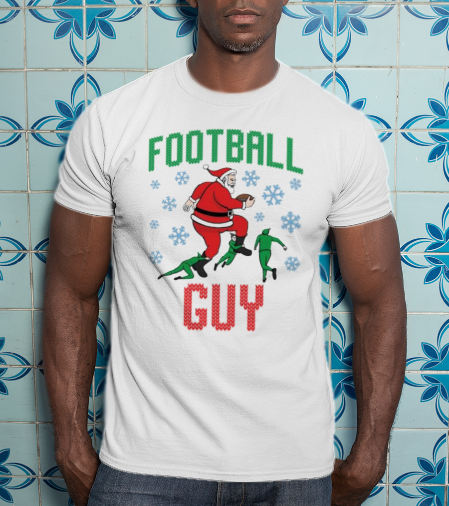 FOOTBALL GUY Santa Running With Football And Snowflakes T-Shirt