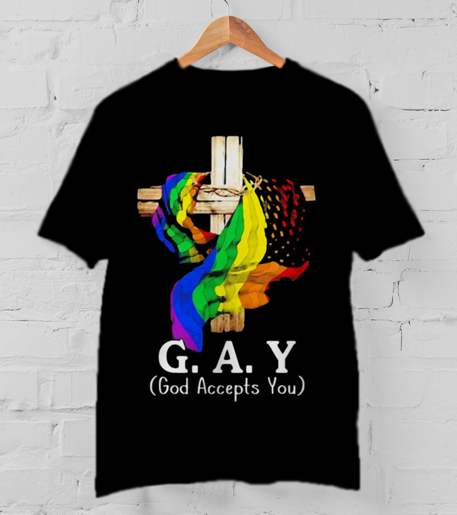 GAY Pride Cross God Accepts You Rainbow Flag T-Shirt