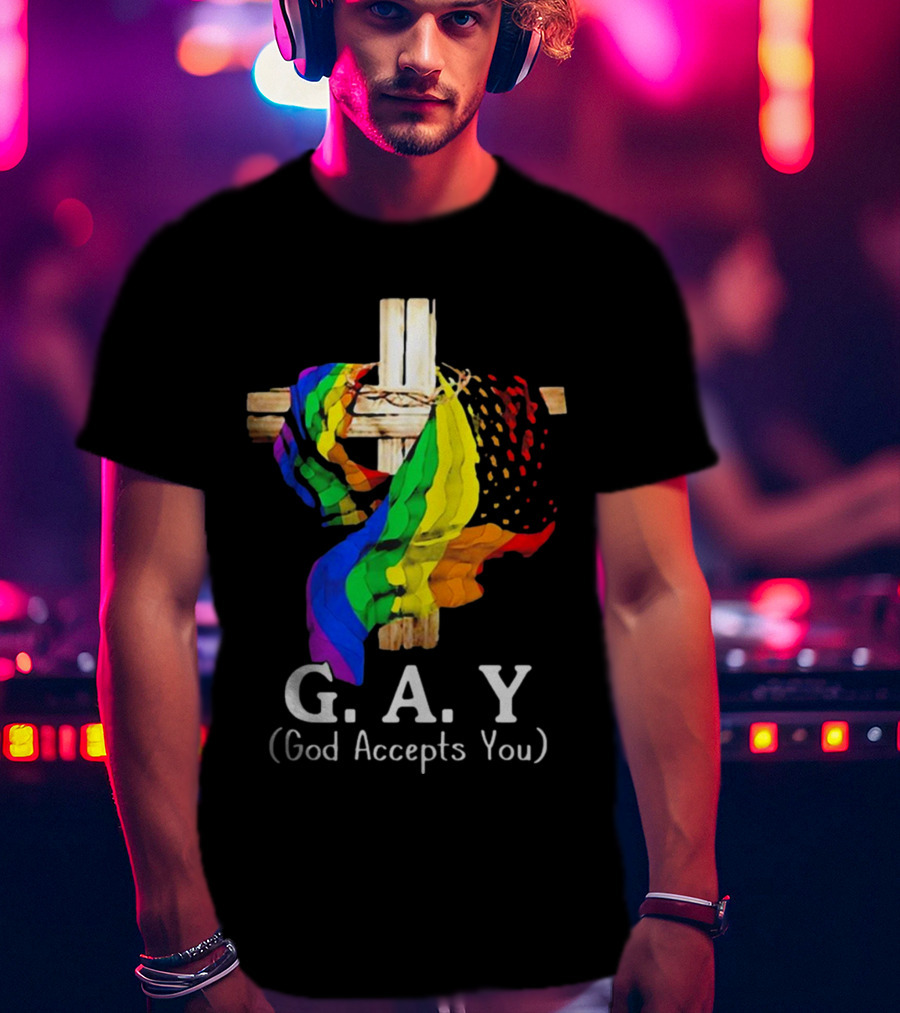 GAY Pride Cross God Accepts You Rainbow Flag T-Shirt