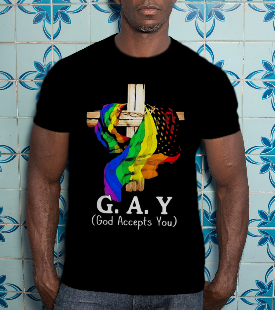 GAY Pride Cross God Accepts You Rainbow Flag T-Shirt