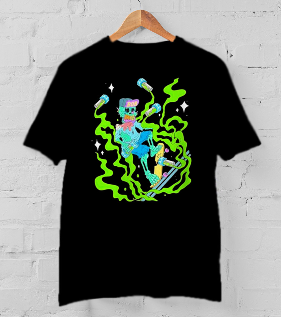 Toxic Skulls Club Bobburnquist Skateboarding Skeleton With Green Smoke And Skateboard T-Shirt
