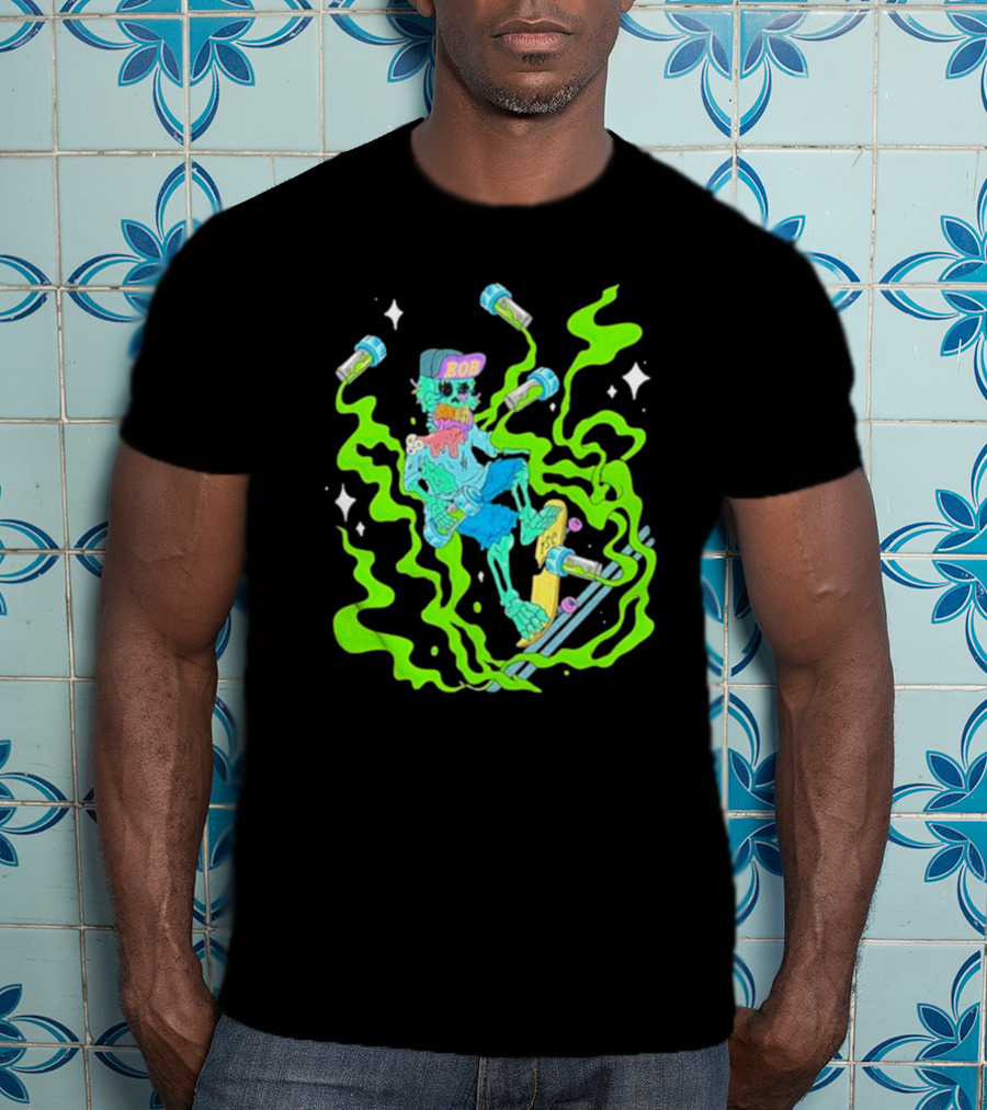 Toxic Skulls Club Bobburnquist Skateboarding Skeleton With Green Smoke And Skateboard T-Shirt