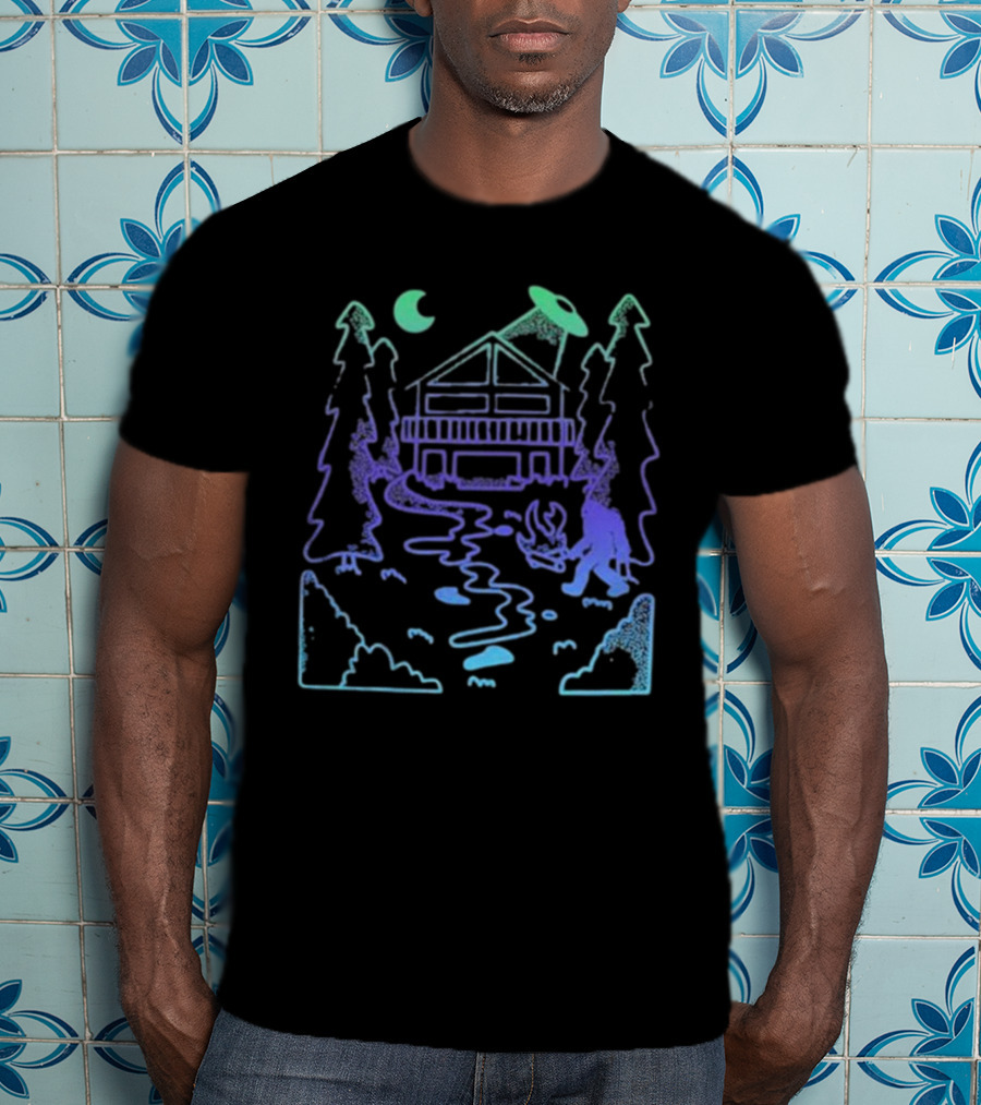 Mile Higher Paranormal Cabin UFO Night Scene T-Shirt
