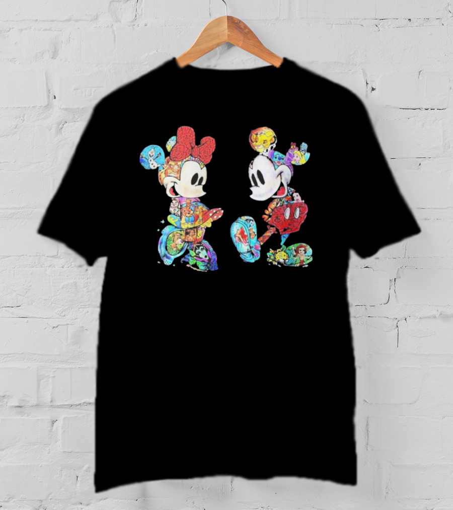 Couple Mickey Minnie Disney Characters Collage T-Shirt
