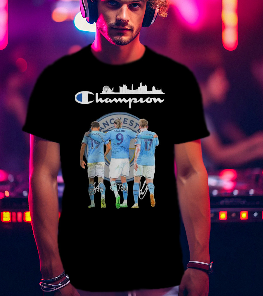 Manchester Haaland De Bruyne Alvarez Champion Football City Skyline T-Shirt