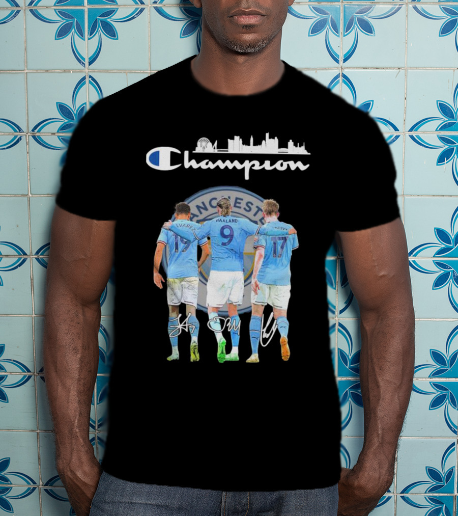 Manchester Haaland De Bruyne Alvarez Champion Football City Skyline T-Shirt