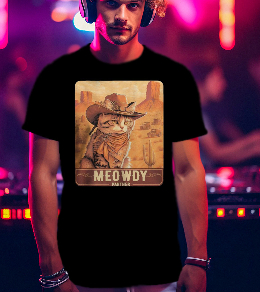Meowdy Partner Cowboy Cat In Desert Scene With Cactus And Wagon T-Shirt
