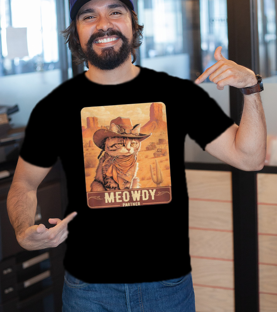 Meowdy Partner Cowboy Cat In Desert Scene With Cactus And Wagon T-Shirt