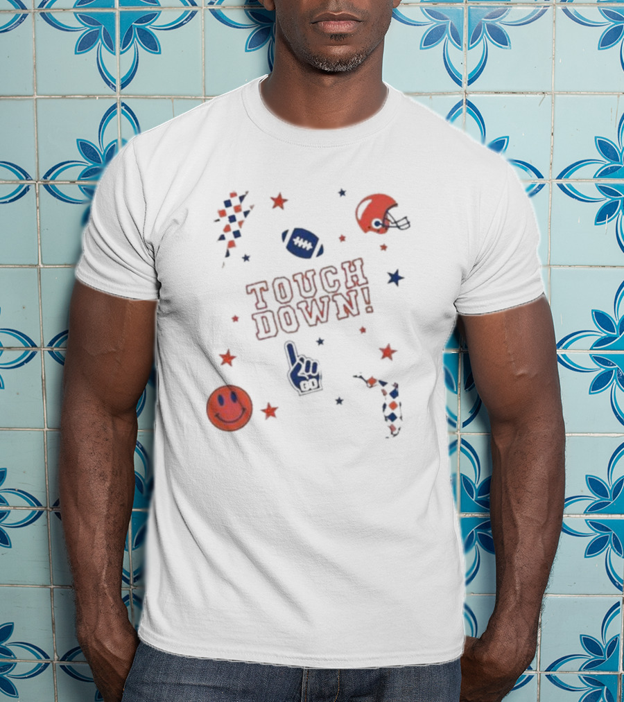 TOUCH DOWN Football Elements With Helmet Smiley And Stars T-Shirt
