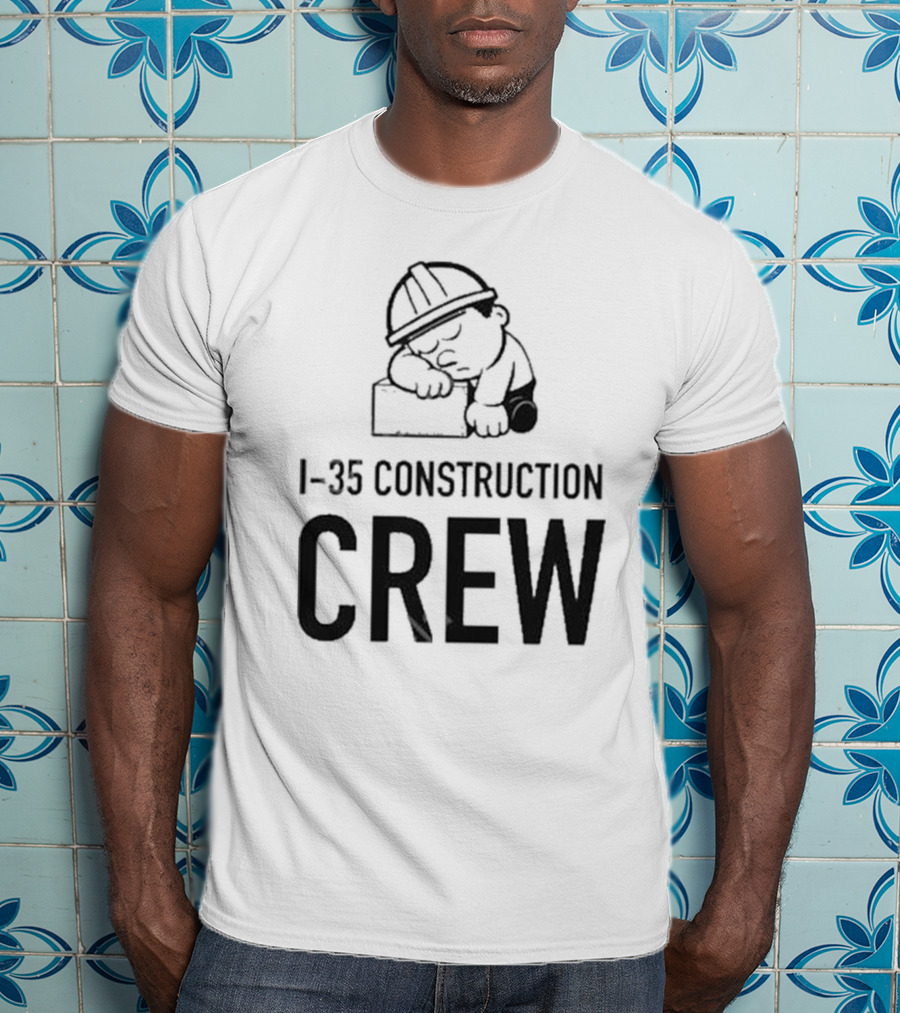 I-35 Construction Crew Cartoon Worker Sleeping On Block T-Shirt