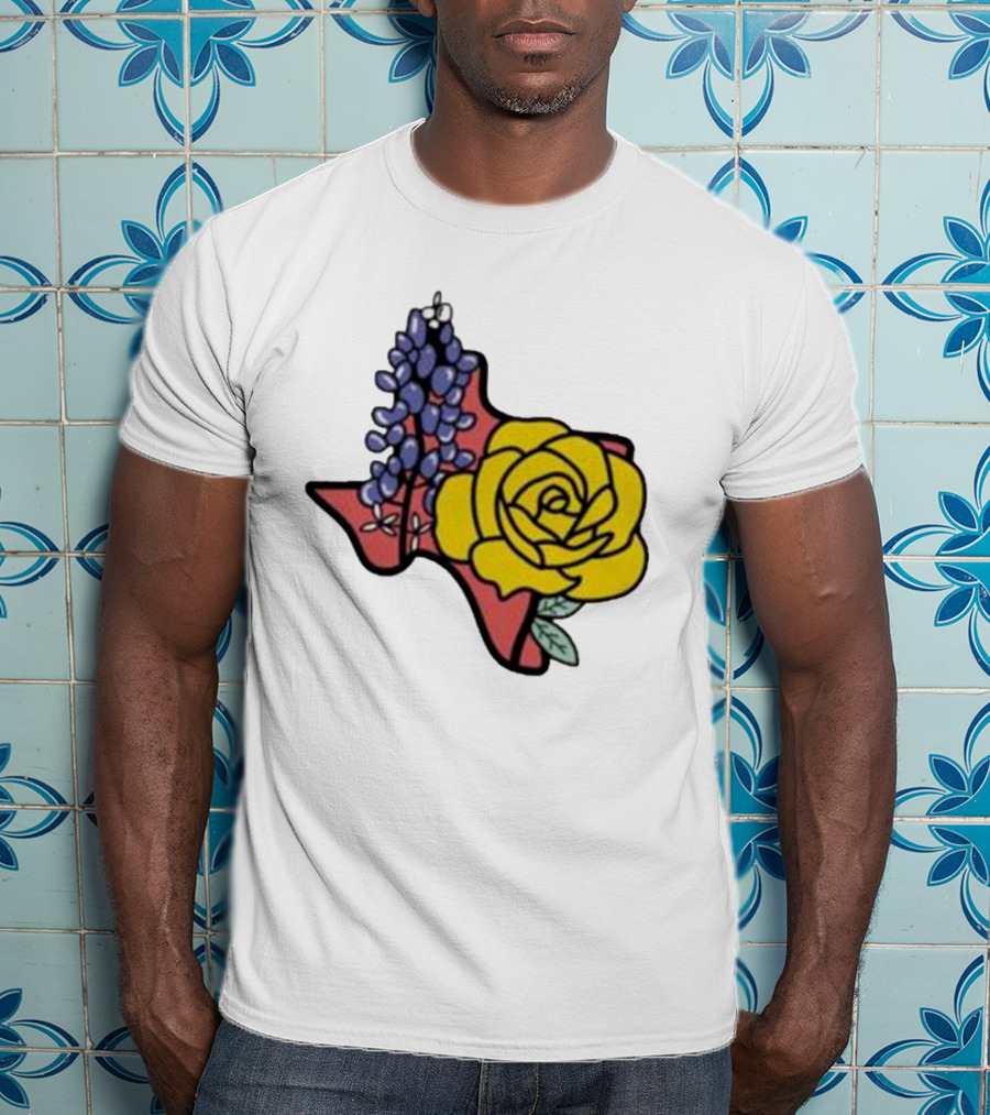 Texas Wildflower Humor Yellow Rose Bluebonnet State Outline T-Shirt