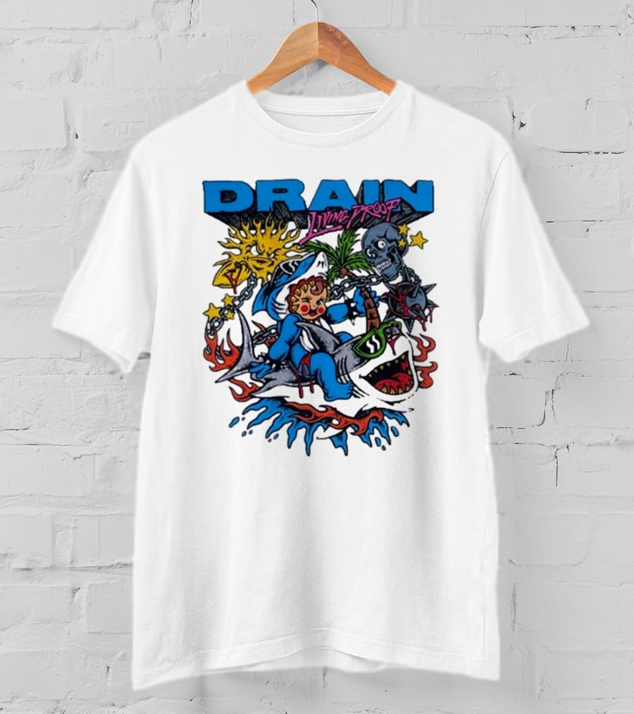 DRAIN Living Proof Chain-Wrapped Shark With Skeleton And Sunburst T-Shirt