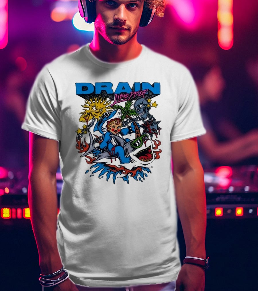 DRAIN Living Proof Chain-Wrapped Shark With Skeleton And Sunburst T-Shirt