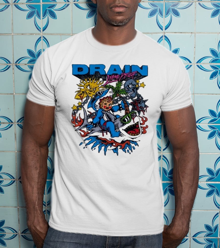 DRAIN Living Proof Chain-Wrapped Shark With Skeleton And Sunburst T-Shirt
